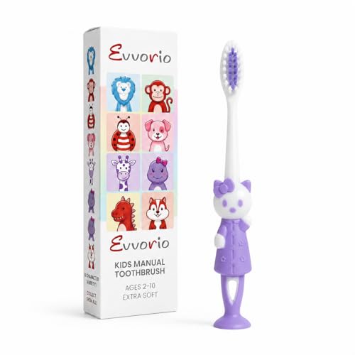 Image of Evvorio Toothbrush for Kids with Ultra Soft Bristles for Oral Cleaning, Suitable For 2-12 Years Toddlers, Cat Design, Purple, Pack of 1