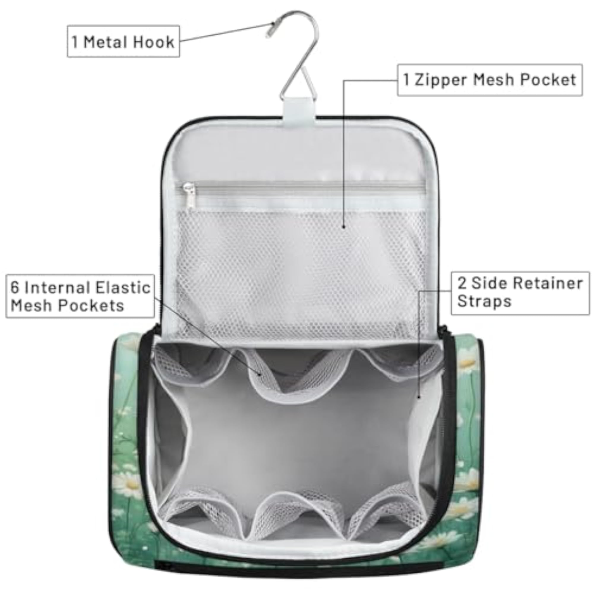 Daisies Green Hanging Toiletry Bag, Large Capacity