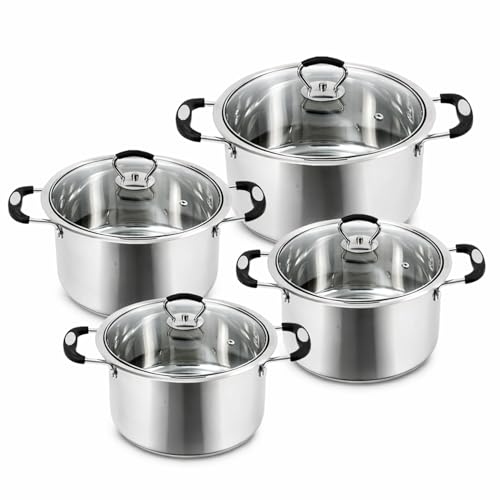 Stainless Steel Stock Pot Cooking Pot Set with Glass Lids | Induction Hob Pot/Casserole Cookware Set for Gas, Electric & Ceramic Hobs 20cm 3.2L, 22cm 4.3L, 24cm 5.6L, 26cm 7.2L (Set of 4)