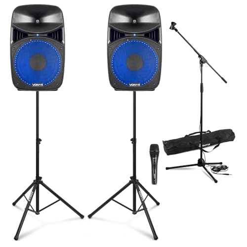 Vonyx VPS152A 15 Active Party Speaker System with Microphone Kit, Bluetooth, USB Playback, Adjustable Stands & LED Party Lights - Home Karaoke & Vocalist PA Set