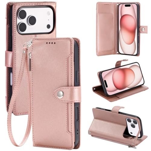 Étui iPhone 15 Pro Max or rose à rabat en cuir avec fermeture éclair