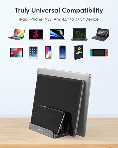 AboveTEK Vertical Laptop Stand, 3 Slots Aluminum Desk Laptop Holder & Laptop Docking Station Stand for MacBook, Tablet, Phone - Universal Fit (Up to 17.3\") - Heavy Duty Polished, Anti Slide - Grey
