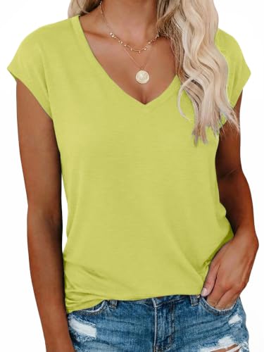 Image of Arevill Womens T Shirt V Neck Cap Sleeve Cotton Tops Fluorescent Yellow