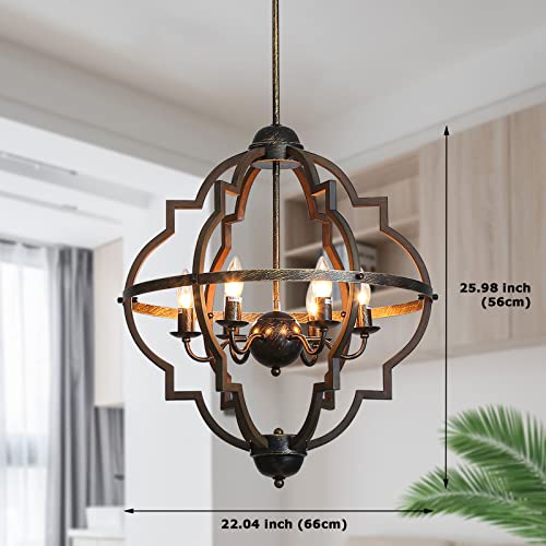 Bsyormak 6-Light Rustic Chandelier Farmhouse Pendant Lighting 22" Large E12 Adjustable Height Stardust Hanging Light Wood Color Painted Globe Vintage Dining Light For Kitchen Island Foyer Entryway #TOP6