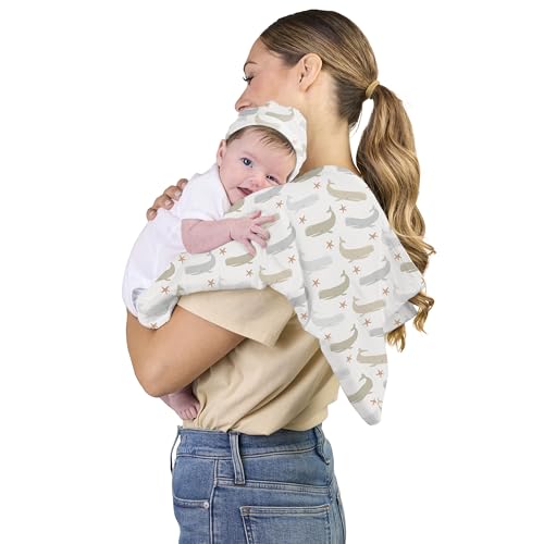 Image of SwaddleMe by Ingenuity First Moments Collection Muslin Blanket & Hat Gift Set, 4-Piece Baby Gift (2 Blankets + 2 Hats), Soft Breathable Cotton, Neutral Whale, Stripe & Swirl Prints, Newborn Essentials