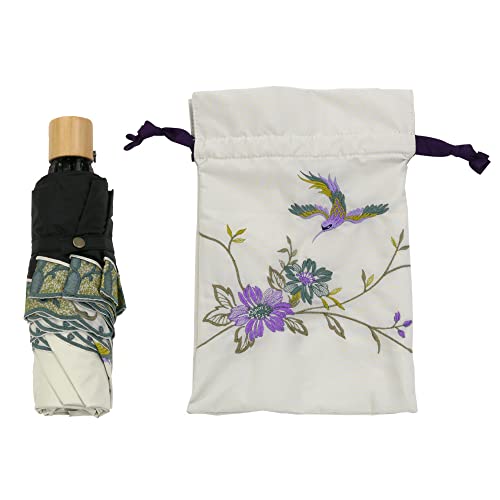 [シノワズリーモダン]日傘 花紀行 折りたたみ １級遮光 遮熱 UVカット 3段折りたたみ日傘 晴雨兼用傘 軽量 花鳥 刺繍 (ホワイト) 4枚目