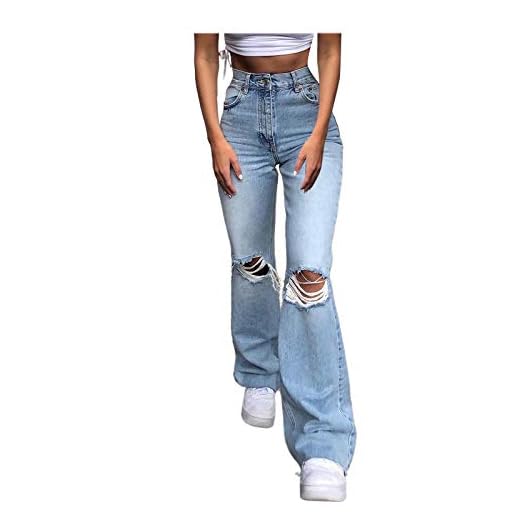 BIBOKAOKE Jeansbyxor för kvinnor hög midja hål säckiga jeans asymmetriska hål jeans casual baggy raka jeans bootcut jeans fritidsbyxor streetwear