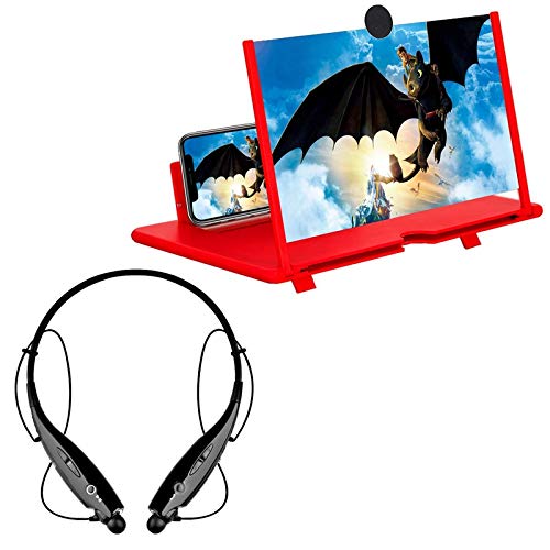 TechKingMobile Phone 3D Screen Magnifier 3D Video Screen Amplifier with HBS-730 Wireless Bluetooth Sports Headset for Running, Gym, Etc for Smartphones
