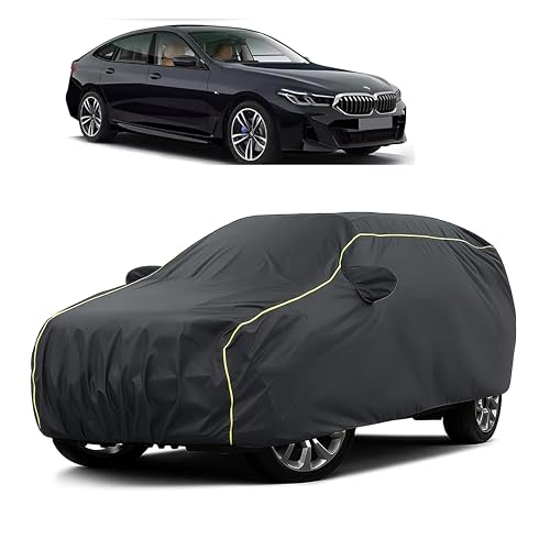 Image of Sulfar 100% Water Resistant Car Body Cover Compatible with Mirror for BMW 6GT (Triple Stitched, Full Bottom Elastic, Dark Grey Taffeta with Yellow Piping)
