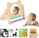 WOODEN TEETHER Baby Spiegel Spielzeug - Montessori Baby Spiegel mit 120 Seiten visuell anregender Karten, Hölzernes Bauchzeit-Spiegelspielzeug ，Montessori Spielzeug für Neugeborene 0 3 6 12 Monate
