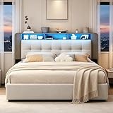 BRILVERDE Polsterbett 140x200 mit Stauraum unter Bett, Doppelbett mit LED und Drahtloses Laden, Stauraumbett, Jugendbett mit Stauraum kopfteil, Bettgestell mit Lattenrost, Samt (Beige, 140 x 200 cm)