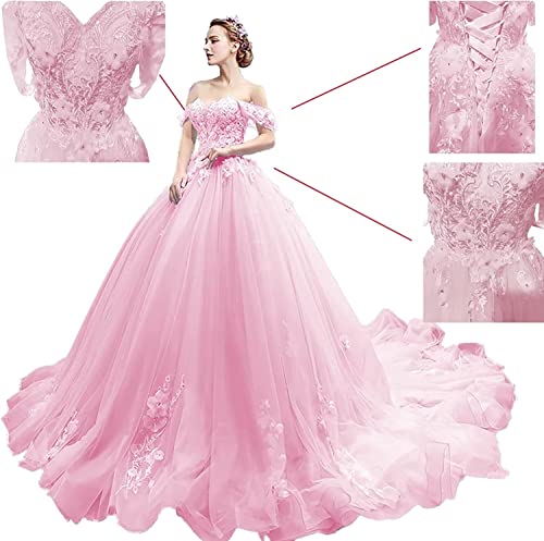 Tulle Off Shoulder Wedding Dress for Women Lace Applique Puffy Ball Gowns Long Princess Quinceanera Dresses with Train2