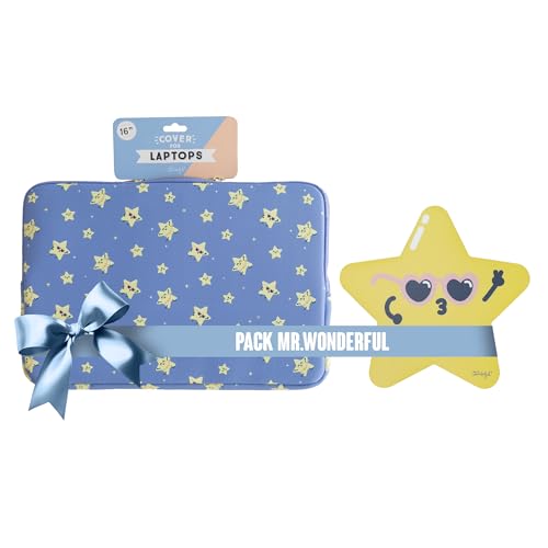 WONDEE Pack Mr Wonderful Regalos Originales, Funda Portátil hasta 16' + Alfombrilla Ratón a Juego de Estrella - Regalos Originales para Mujer, Adolescentes, niños y niñas