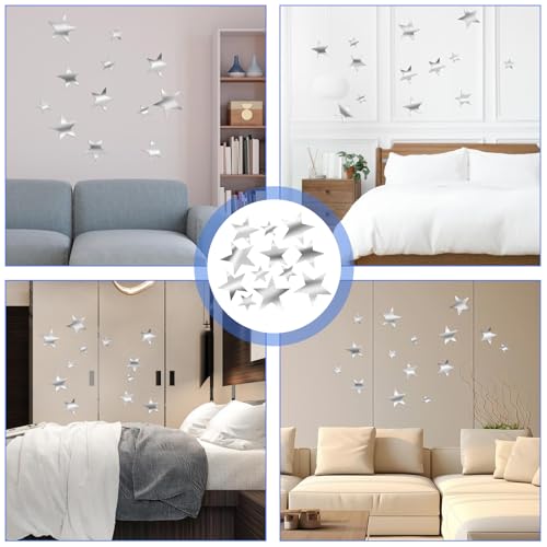 40 Stück Spiegel Sterne Selbstklebend, Silberne Spiegel Sterne Aufkleber 3D Spiegelfolie Klebespiegel Wandaufkleber Wandtattoo Wohnzimmer Wand Deko für Schlafzimmer Büro Korridor