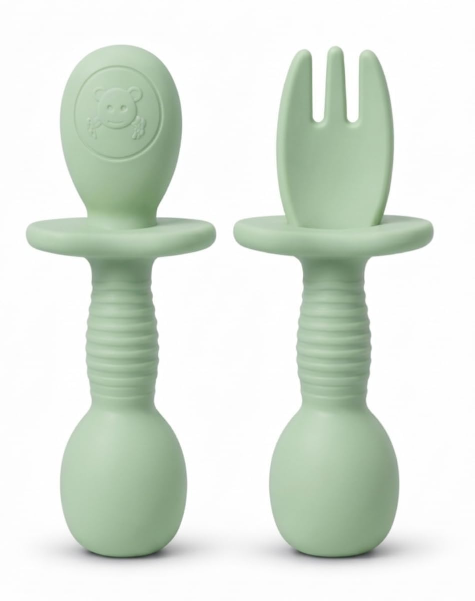 SKDBPM Baby Self Feeding Spoon and Fork Set, Silicone, Anti Choke Guard, Soft Training Utensils for Toddlers, Baby Led Weaning (Green)-image-31