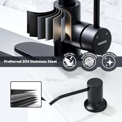 WEWE Black Kitchen Faucet with Soap Dispenser, Kitchen Sink Faucet with Pull Down Sprayer Stainless Steel Single Handle High Arc Pull Out Matte Black Faucet for Bar Laundry RV Utility