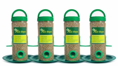 Image of Bird Feeder for Balcony & Garden - Pack of 4 | Hanging Seed Container with Tray & Perch | Outdoor Sparrow Feeder for Home & Garden