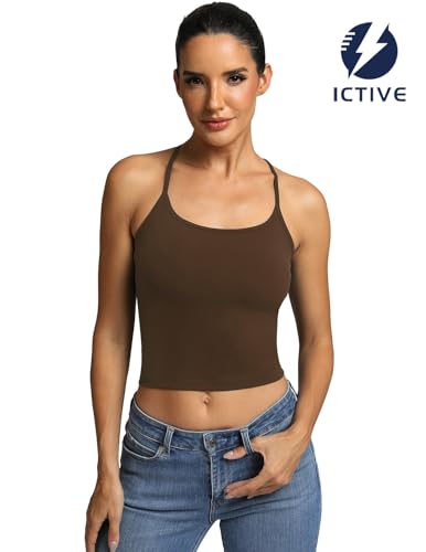 Fihapyli ICTIVE Womens Longline Sports Bra Camisole Adjustable Spaghetti Strap Padded Backless Workout Yoga Bra﻿﻿ Coffee L — view 3