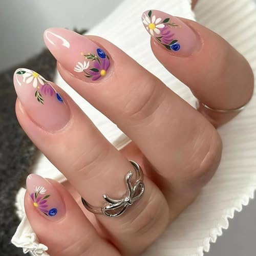 Spring Press on Nails Medium Almond Fake Nails Flower Nails Press...