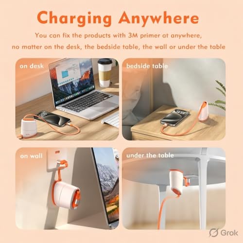 Image of Off White Desktop Retractable Single Pull Fast Charging Cable USB-C to Lightning - Tangle-Free 1.2m iPhone Charger | Premium Aesthetic Desk Cable for iPhone