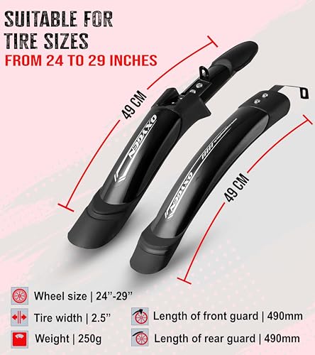 Image of OXYGEN Cycle Mudguard Set for MTB Bicycle Universal Mudguard for Cycle 24 to 29 Inch Wheels Plastic Splash Proof Lightweight Bicycle Fender Guards for MTB Commuter and Kids Cycles Easy Install Black