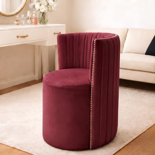 Image of Luxury Velvet Ottoman Chair Pouffe Stool-Modern Round Soft-Padded Chair for Dining Room, Living Room /Cafeteria Seating /Bedroom and Dressing Area /Ottoman with Backrest (Maroon)