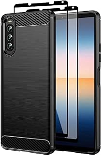 Teayoha Case for Sony Xperia 10 IV,with Tempered Glass Screen Protector [2 Pack], Carbon Fiber Scratch Resistant, Shock Absorption Soft TPU Drawing Protective Cases Phone Cover - Black