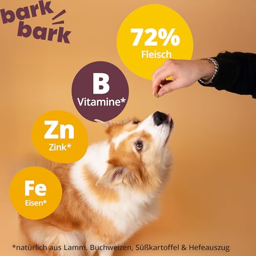 BarkBark Lamm & Buchweizen - Premium Hundeleckerli - Monoprotein 72% Lamm - Glutenfrei & Zuckerfrei - ideal für Allergiker Hunde - zur täglichen Ergänzung als Snack - natürlich Getreidefrei - 150g
