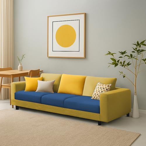 Image of Galib 3 Seater Sofa Set for Living Room (Blue Yellow Fabric) Premium Fabric Sofa Set