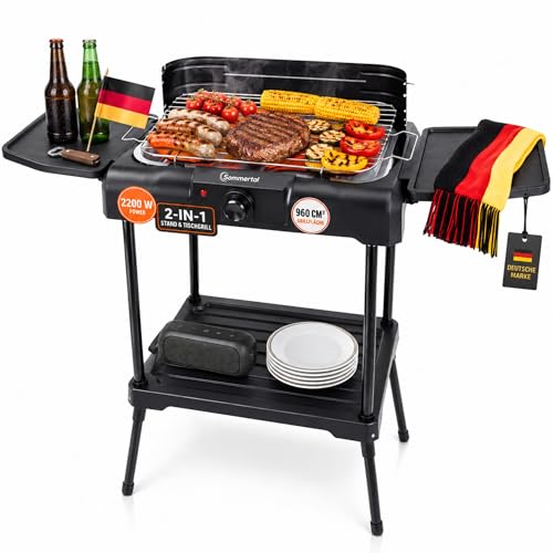 Sommertal BBQ231 Elektrogrill 2in1 | 2200W, Balkongrill, Camping Grill | Stufenloser Temperaturregler, Ablagefläche, schnelles Aufheizen, Windschutz, raucharm, kompakt, Balkon, Terrasse & Garten