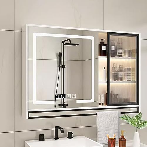 Gabinete de medicina con luz LED de 46 x 30 pulgadas con espejo, armario de pared inteligente para espejo de baño, 3 luces de color y armario de almacenamiento regulable infinito con estantes internos