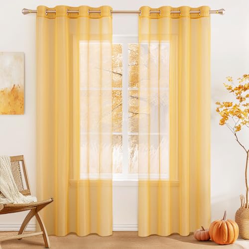 MIULEE Solid Color Sheer Curtains 84 Inches Long 2 Panels Set - Fall Elegant Lightweight Grommet Light Filtering Window Voile Panels/Drapes/Treatment for Bedroom Living Room W42 x L84, Mustard Yellow