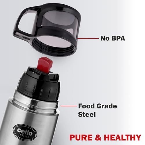 Image of CELLO Instyle Insulated Stainless Steel Flask Water Bottle with Jacket For Daily Use 750 ml Silver | ISI Certified Double Wall Vacuum Insulated 24 Hrs Hot & Cold Thermos Water Bottle For Office Travel