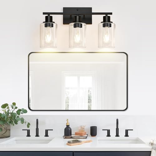 Indoi 3 Light Bathroom Light Fixtures, Matte Black Modern Vanity Lights with Clear Glass Shade, Bathroom Wall Lamp for Mirror Kitchen Living Room Hallway Cabinet Porch by Indoi - Image 6