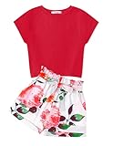 Arshiner Girls Summer Outfits 2 Piece Clothes Drop Shoulder Sleeve Tops and Paperbag Waist Shorts Set Kids Clothing 11-12 Years