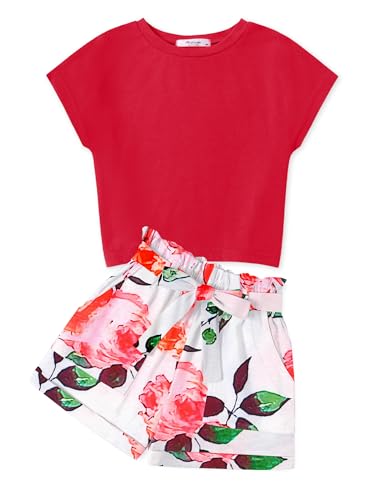 Image of Arshiner Girls 2 Piece Outfit Summer Drop Shoulder Batwing Sleeve Tops and Paperbag Waist Shorts Set Cute Clothing Size 6-14