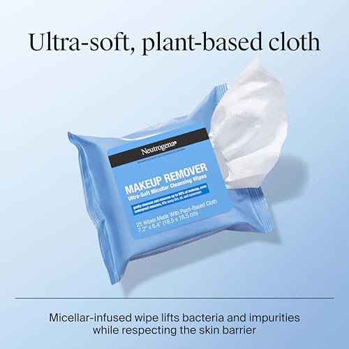 Image of Neutrogena Makeup Remover Wipes, Daily Ultra-Soft Micellar Cleansing Wipes Gently Re-move Oil & Makeup with No Heavy Residue, formulated without alcohol & Made with Plant-Based Cloth, 25 Ct with Case