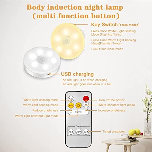 LED Night Light with Motion Sensor Lights Indoor,Timing Dimmable with Remote Control,USB Rechargeable Stick on Lights for Stairs Wardrobe Closet Cabinet Bedroom Hallway (2 Packs)