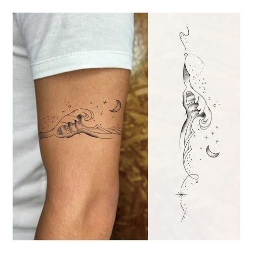 WEEKINK Ocean Wave Temporary Tattoo for Men & Women – Realistic Hawaii Beach Surfing Armband, Long Lasting 1–2 Weeks Semi-Permanent Tattoo, Celestial Moon Star Fake Tattoo for Forearm