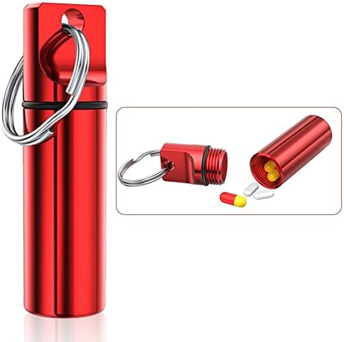 SAINSWIN Pill Organizer Keychain, Red Small Pocket Aluminium Alloy Pill Box,Mini Pill Container for Purse,Waterproof Metal Pill Bottle for Travel/Outdoor Camping
