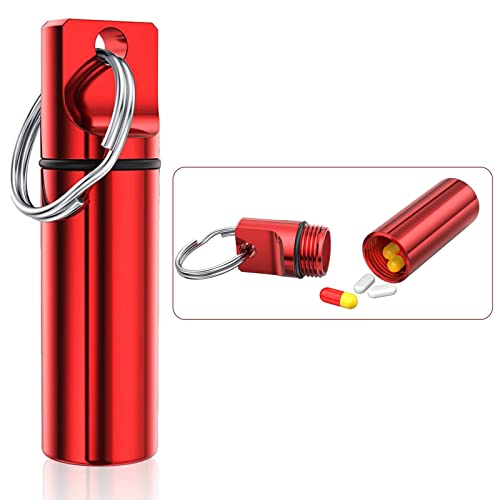 Sainswin Pill Organizer Keychain, Red Small Pocket Aluminium Alloy Pill Box,Mini Pill Container For Purse,Waterproof Metal Pill Bottle For Travel/Outdoor Camping #TOP1