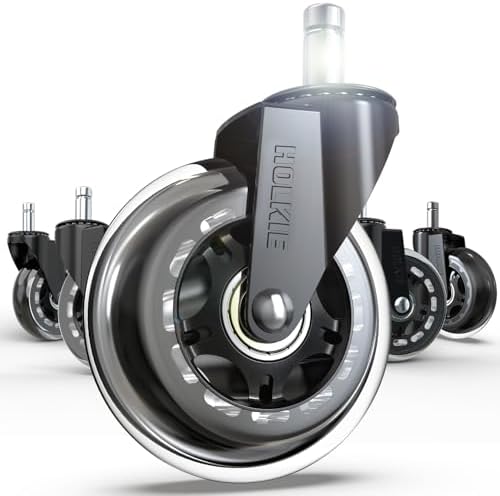 HOLKIE Office Chair Wheels - Universal Fit 3 Inch Roller Blade Casters - Safe for Hardwood Carpet Floors - Heavy Duty Rubber Replacement for Gaming Chairs - Smooth, Silent Glide - Set of 5