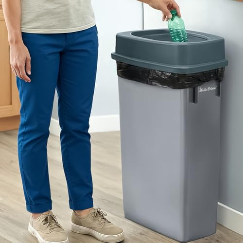 Image of PLASTIC PRINCE 23 Gallon Slim Trash Can with Swing Lid Commercial Gray Rectangular Garbage Can with Drop Shot Lid Waste Bin with Double Flip Top for Restaurant Home Kitchen Office 6 Pack
