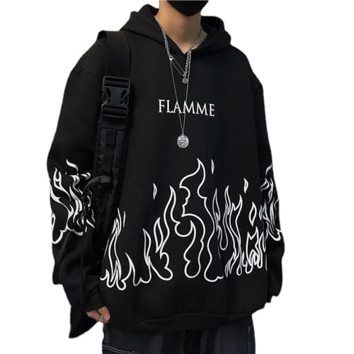 Y2k Unisex Flame Print Hoodies Casual Oversized Long Sleeve Pullovers Tops Harajuku Loose Sweatshirt for Women and Men