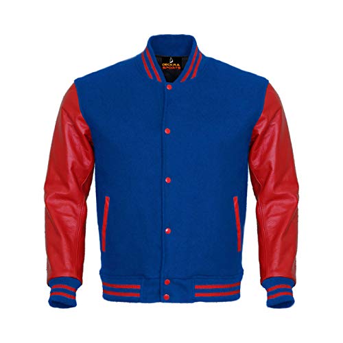 Image of Deckra Men's Varsity Jacket Genuine Leather Sleeve and Wool Blend Letterman Boys College Varsity Jackets XS-5XL