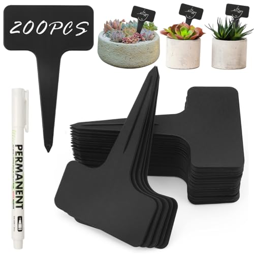 200 Piezas Etiquetas Plantas Negro, 10x6cm Plástico Marcadores Plantas, Etiquetas de Plantas en Forma de T, Resistente a Intemperie, Reutilizable, con 1 Rotulador, para Exterior, Parterre, Jardín