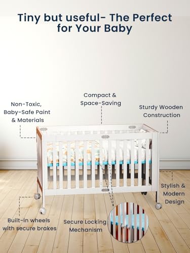 Image of POLKA TOTS Portable & Adjustable Cot for Baby | Wooden Folding Baby Bed with Lockable Wheels | Crib for 0 to 6 Years Infants with 3 Height Settings | Durable Material & Breathable Sides (Up to 28 kgs)