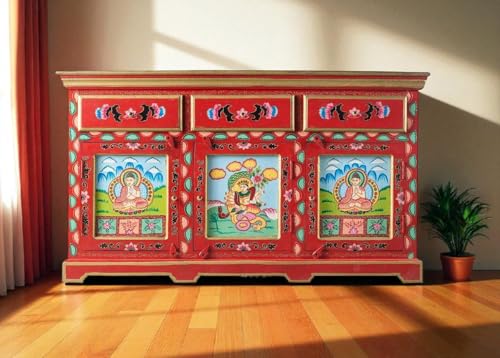 Image of APRODZ Wooden Handpainted Multipurpose Sideboard Storage Cabinet for Home (Multicolor)