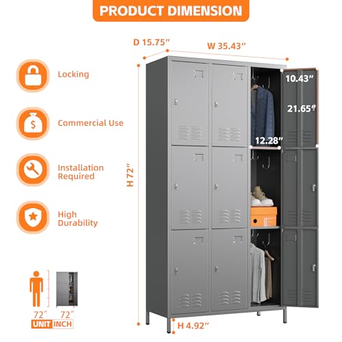 Image of SUPEER 9 Door Metal Storage Lockers for Employees,Heavy Duty Steel School Locker with Adjustable Shelves and 27 Hooks,Metal Lockers for Gym,Home,Garage,72 inch H x 35.4 inch W,Dark Grey,Assembly Required