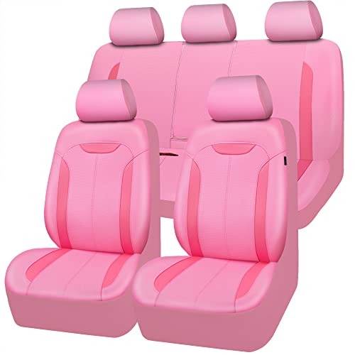 CAR PASS Pink Leather Car Seat Covers Full Set, Luxury Breathable Waterproof Seat Protection Airbag Compatible Universal Fit for Car SUV Pickup Vehicle Auto Interior, Cute Women Pure Pink